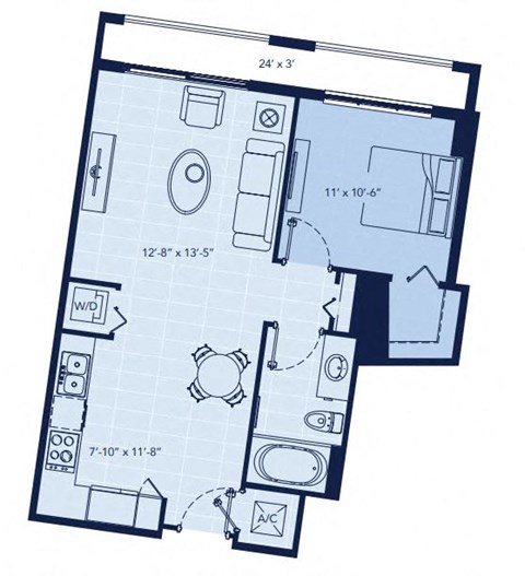 Floor plan for 1 bed, 1 bath, 680 sqft
